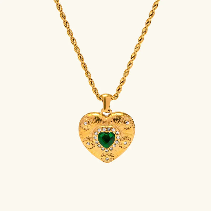 Gold-Plated Heart Necklace with Emerald Center and Diamond Simulants
