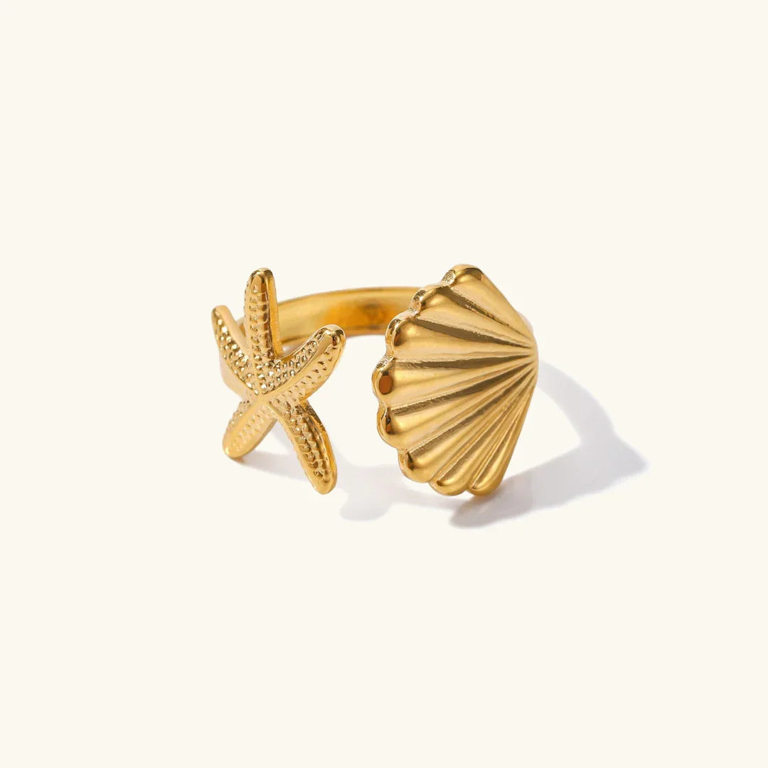 Gold-Plated Seashell and Starfish Adjustable Ring