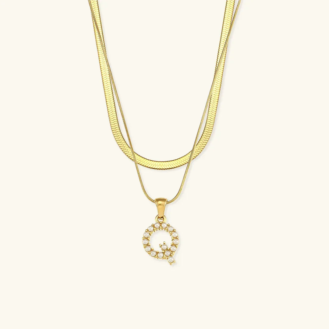 Gold-Plated Layered Initial Letter Necklace with Freshwater Pearls