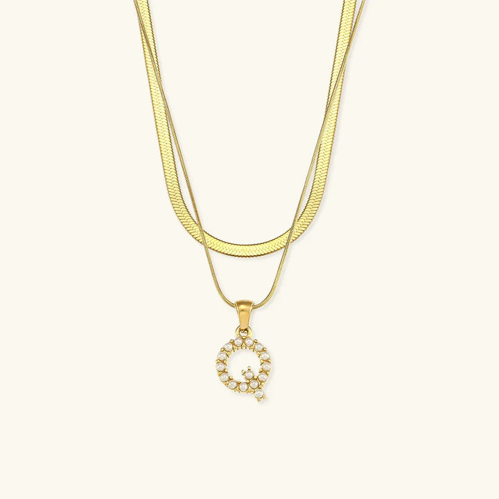Gold-Plated Layered Initial Letter Necklace with Freshwater Pearls