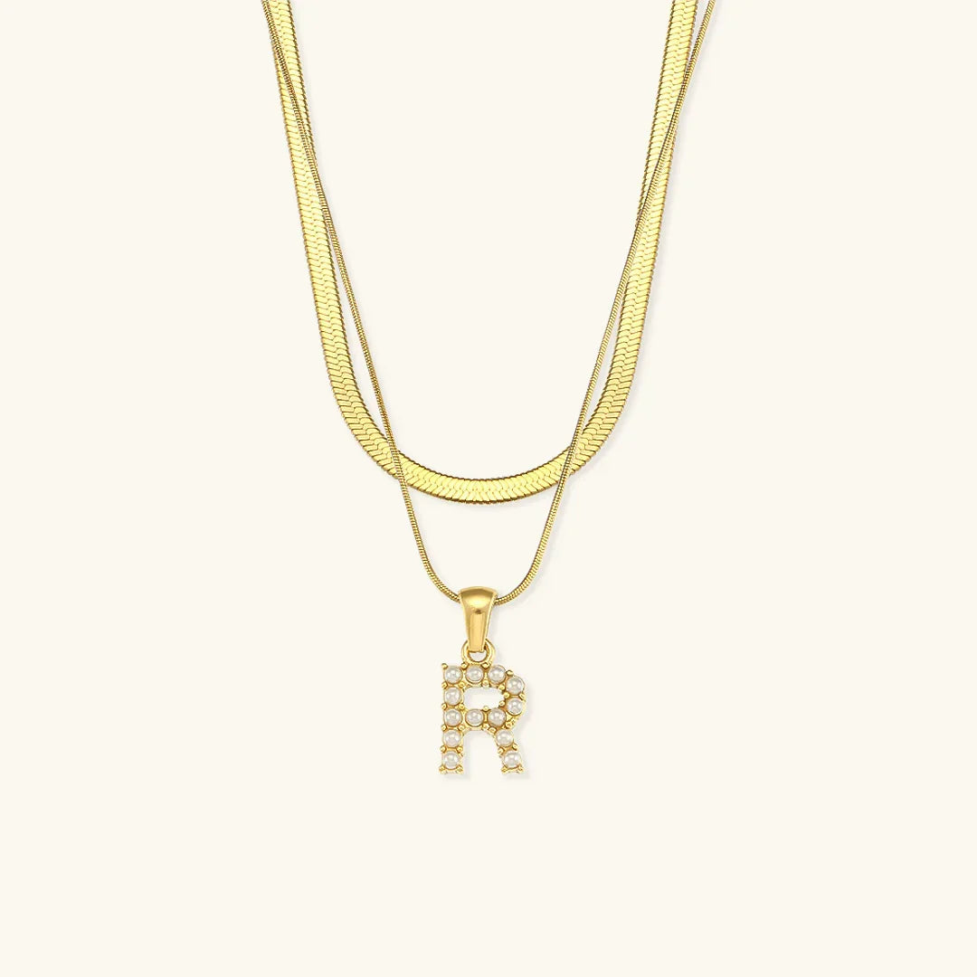 Gold-Plated Layered Initial Letter Necklace with Freshwater Pearls