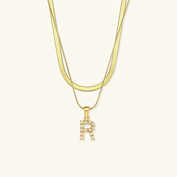 Gold-Plated Layered Initial Letter Necklace with Freshwater Pearls