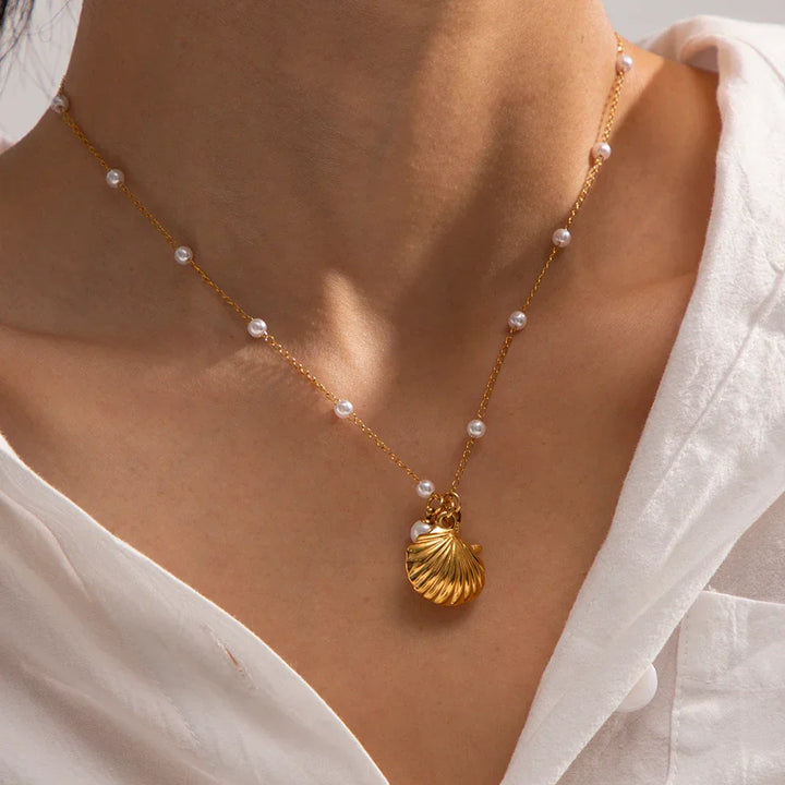 Gold-Plated Necklace with Freshwater Pearls and Seashell and Starfish Pendants
