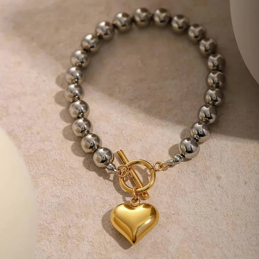 Silver-Tone Bead Heart Bracelet for Women