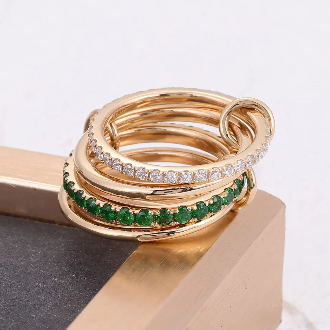 Gold-Plated Stacked CZ Ring with Green Crystal Accents