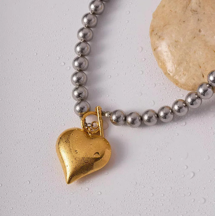 Silver-Tone Bead Heart Pendant Necklace for Women