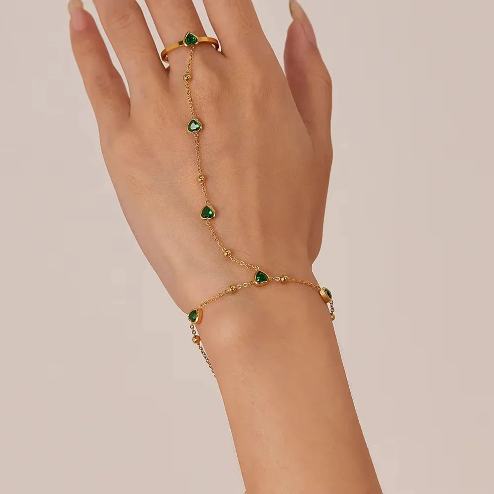 Gold-Plated Green Synthetic Stone Heart Hand Chain for Women