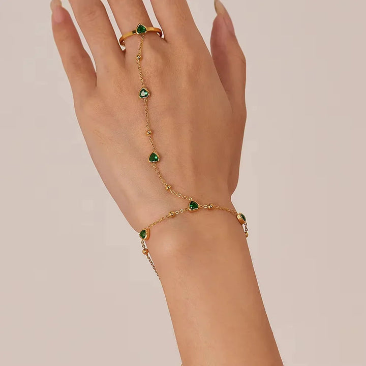 Gold-Plated Green Synthetic Stone Heart Hand Chain for Women