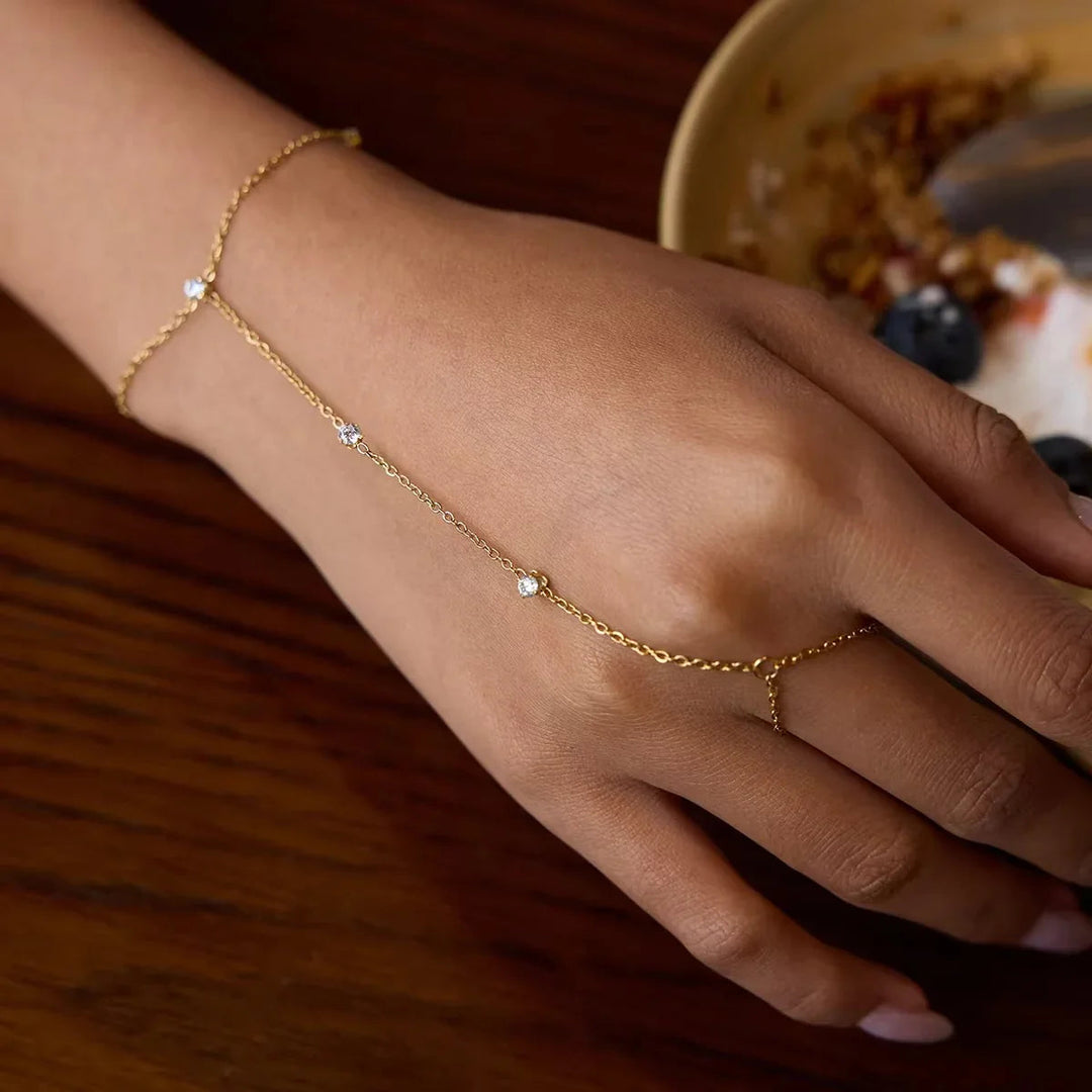 Gold Plated Cubic Zirconia Adjustable Hand Chain Bracelet for Women
