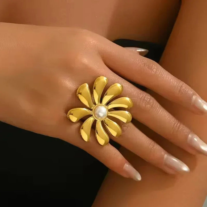 Gold Plated Faux Pearl Flower Statement Ring for Women