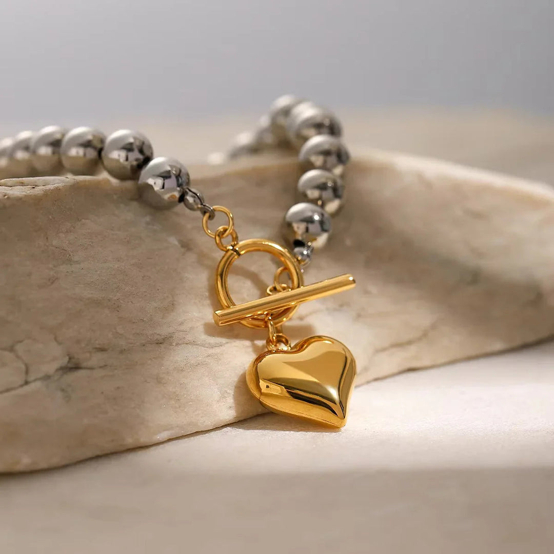 Silver-Tone Bead Heart Bracelet for Women