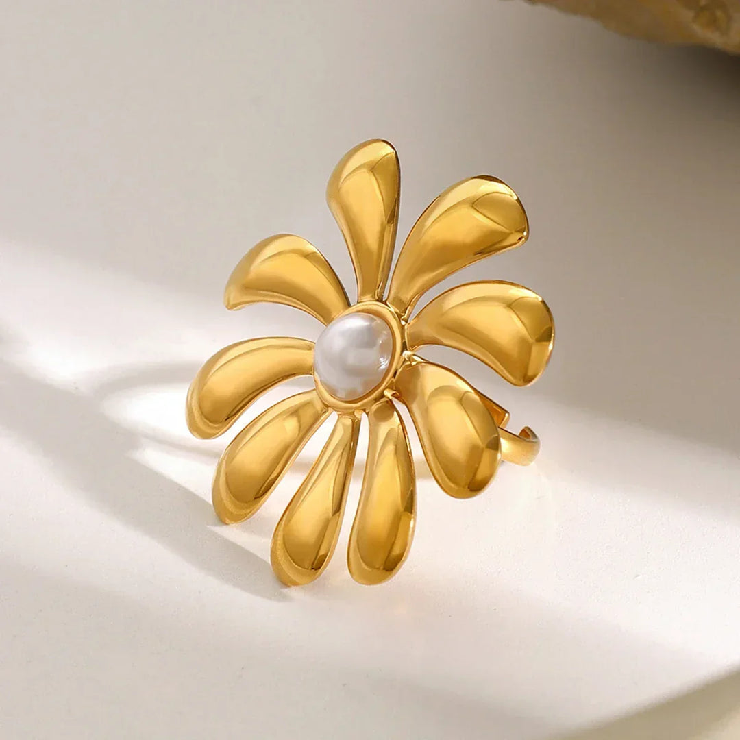 Gold Plated Faux Pearl Flower Statement Ring for Women