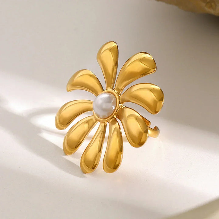 Gold Plated Faux Pearl Flower Statement Ring for Women