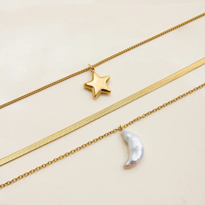 Gold Plated Faux Pearl Layered Pendant Necklace for Women