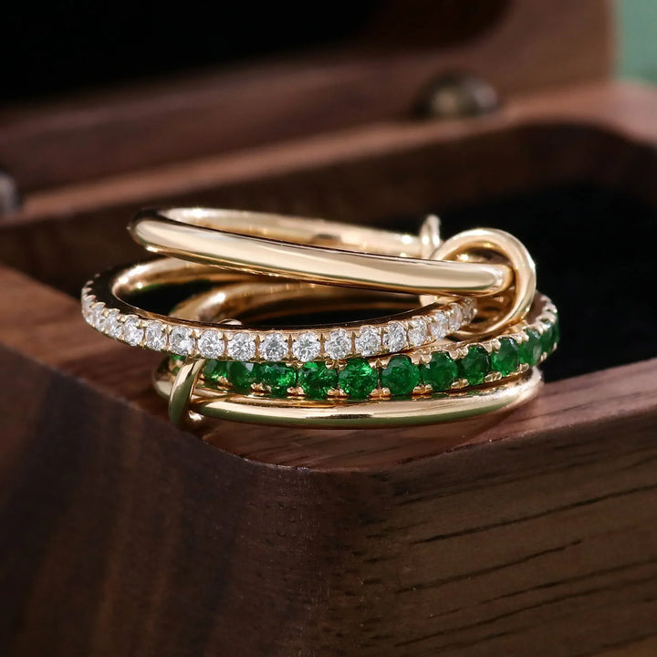 Gold-Plated Stacked CZ Ring with Green Crystal Accents