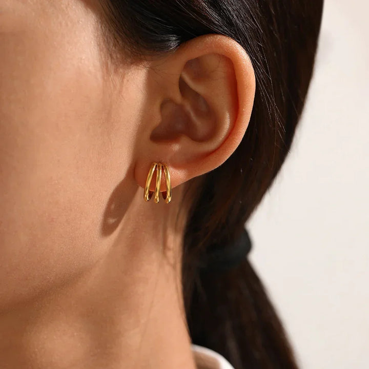 Gold-Plated Hoop Earrings Women Triple Band