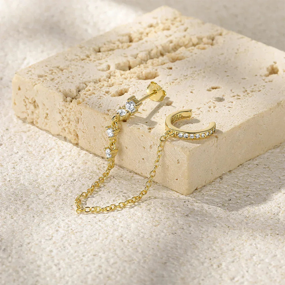 Gold-Plated Chain Cuff Earrings with Diamond Accents