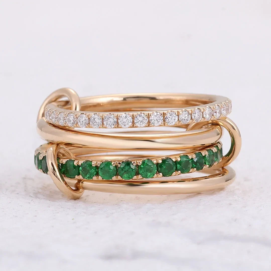 Gold-Plated Stacked CZ Ring with Green Crystal Accents