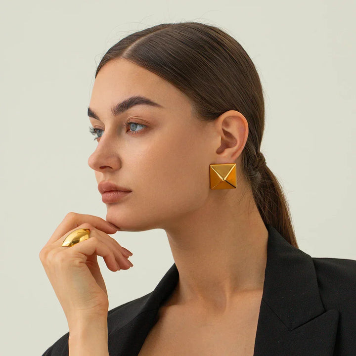 Gold-Plated Pyramid Earrings Hypoallergenic and Waterproof