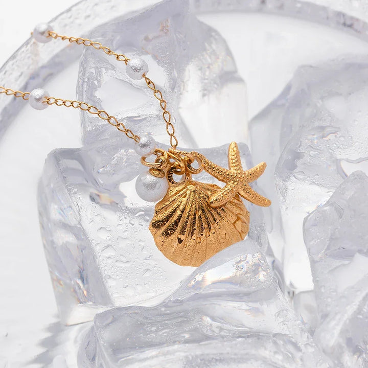 Gold-Plated Necklace with Freshwater Pearls and Seashell and Starfish Pendants