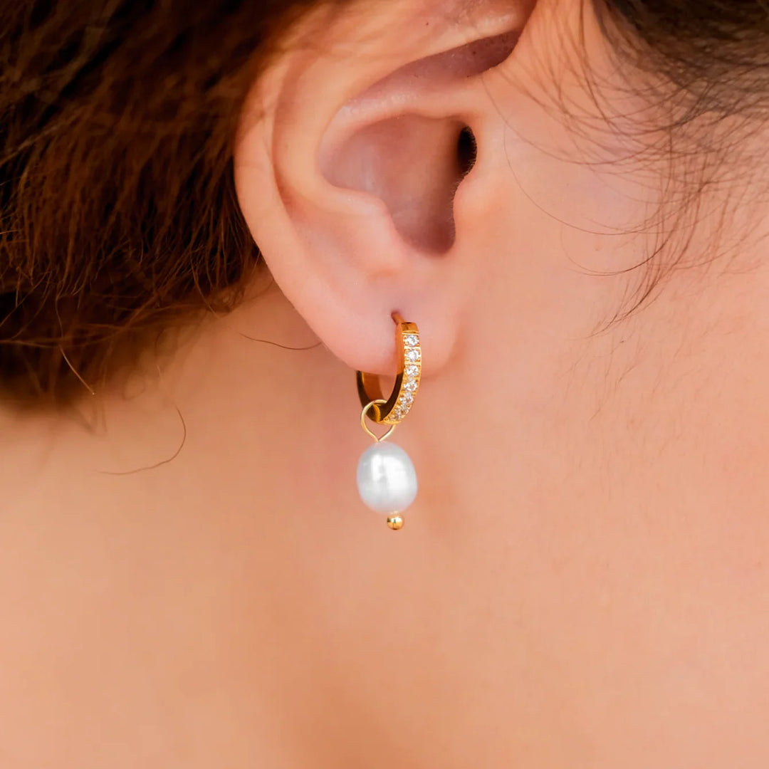 Gold-Plated Cubic Zirconia Faux Pearl Huggie Earrings