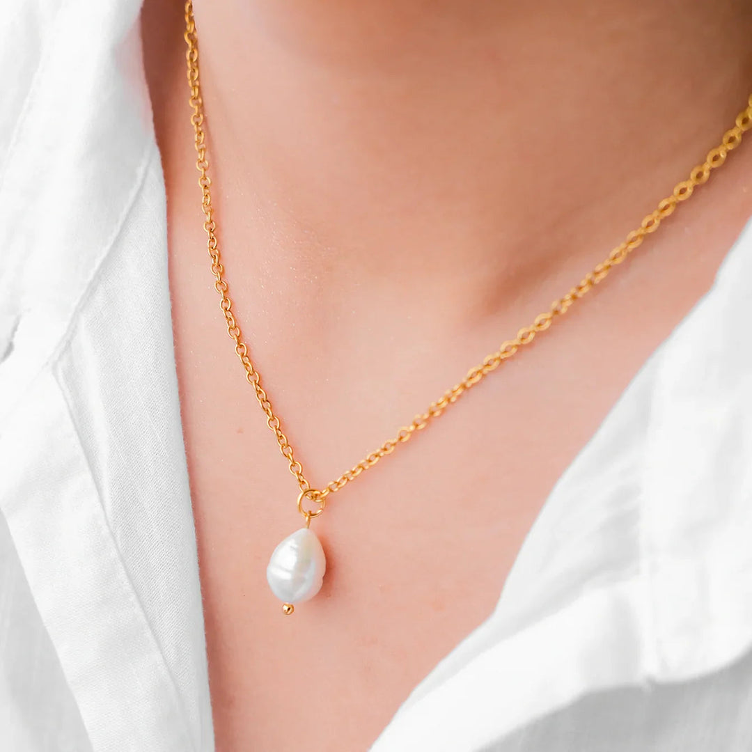 Gold-Tone Oval Faux Pearl Drop Necklace