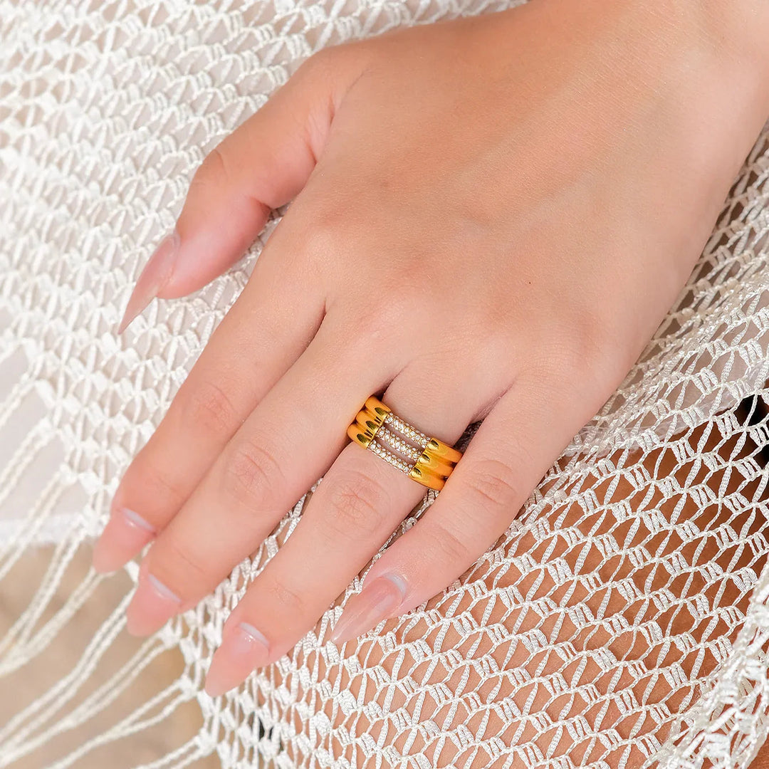 Gold-Plated Cubic Zirconia Wide Band Ring for Women