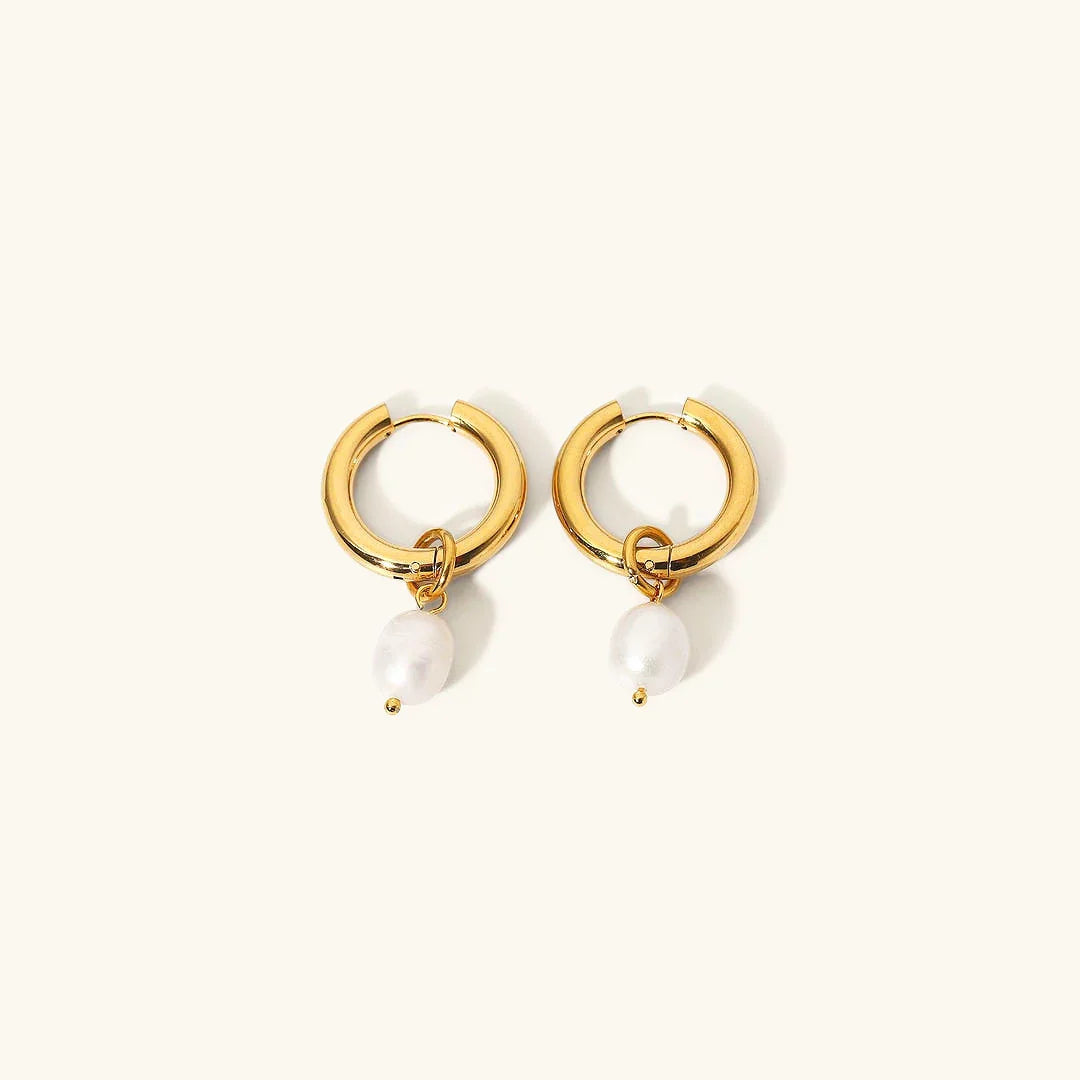 Gold-Plated Stainless Steel Faux Pearl Hoop Drop Earrings for Women