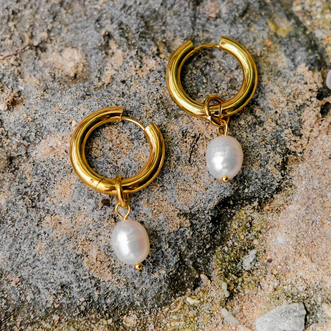 Gold-Plated Stainless Steel Faux Pearl Hoop Drop Earrings for Women