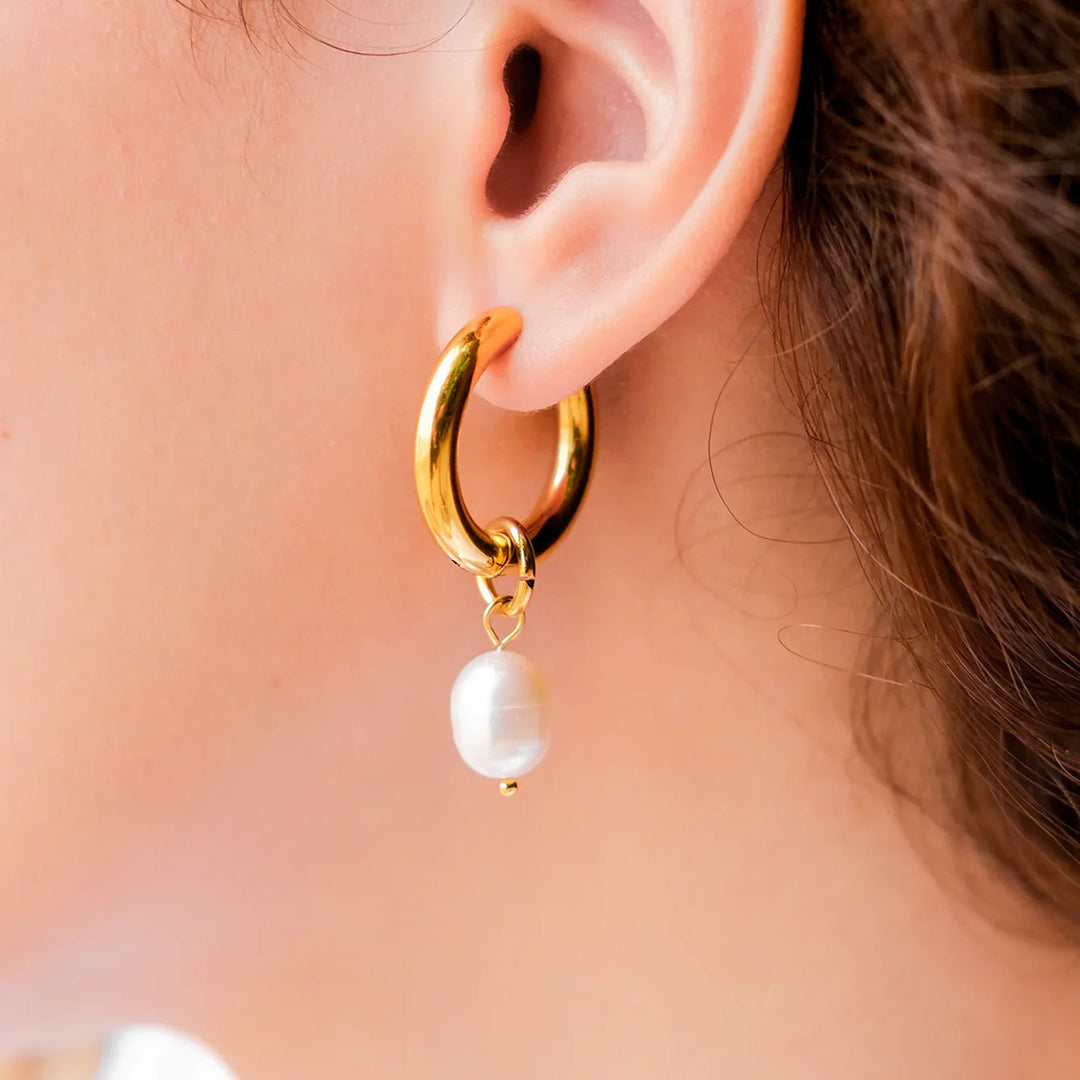 Gold-Plated Stainless Steel Faux Pearl Hoop Drop Earrings for Women