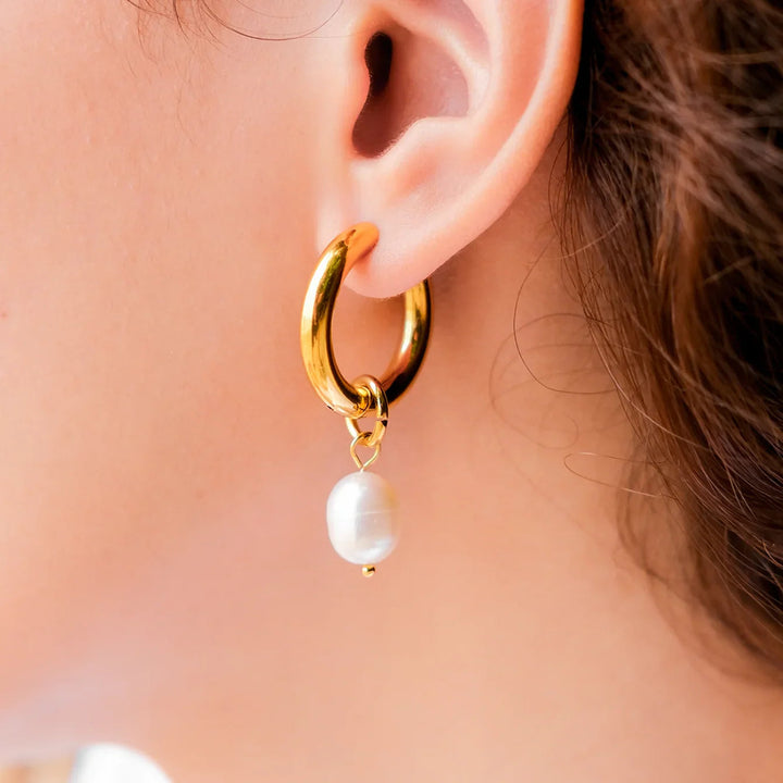 Gold-Plated Stainless Steel Faux Pearl Hoop Drop Earrings for Women