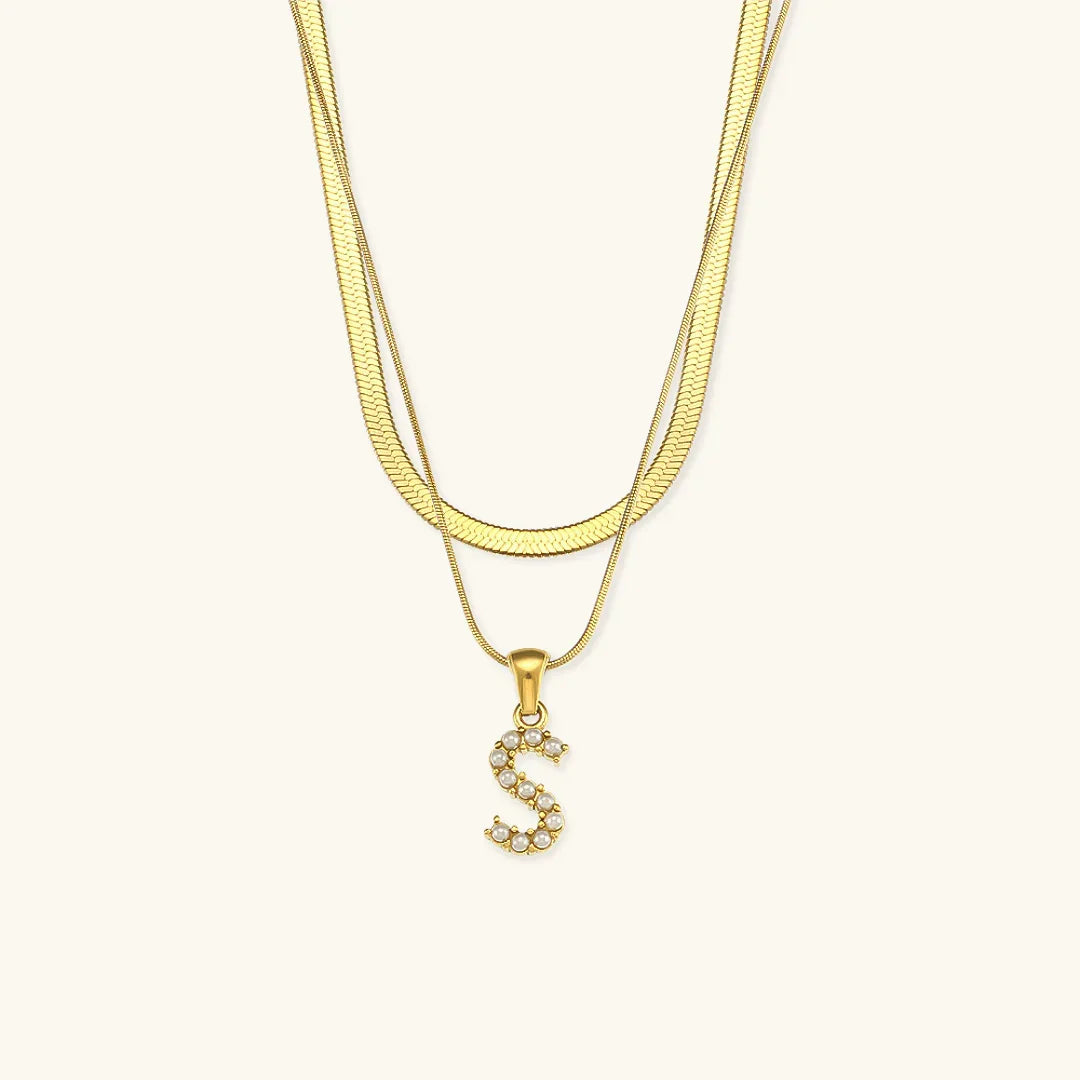 Gold-Plated Layered Initial Letter Necklace with Freshwater Pearls