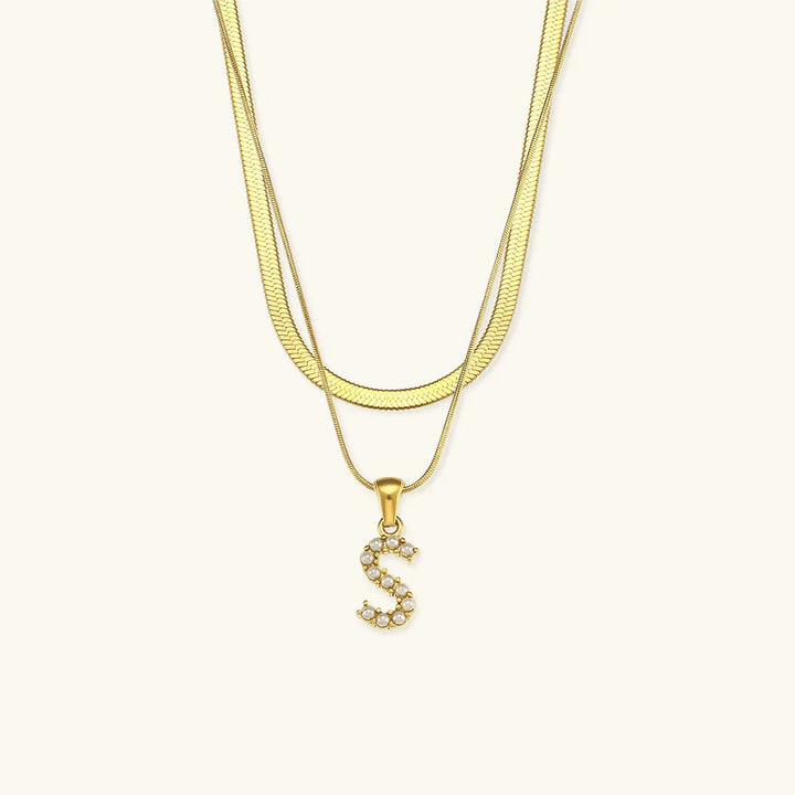 Gold-Plated Layered Initial Letter Necklace with Freshwater Pearls