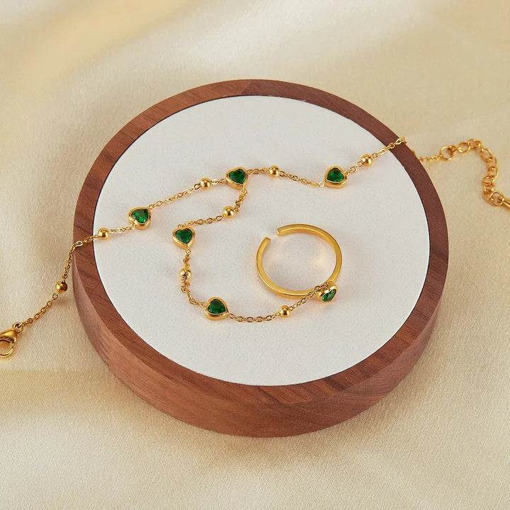 Gold-Plated Green Synthetic Stone Heart Hand Chain for Women