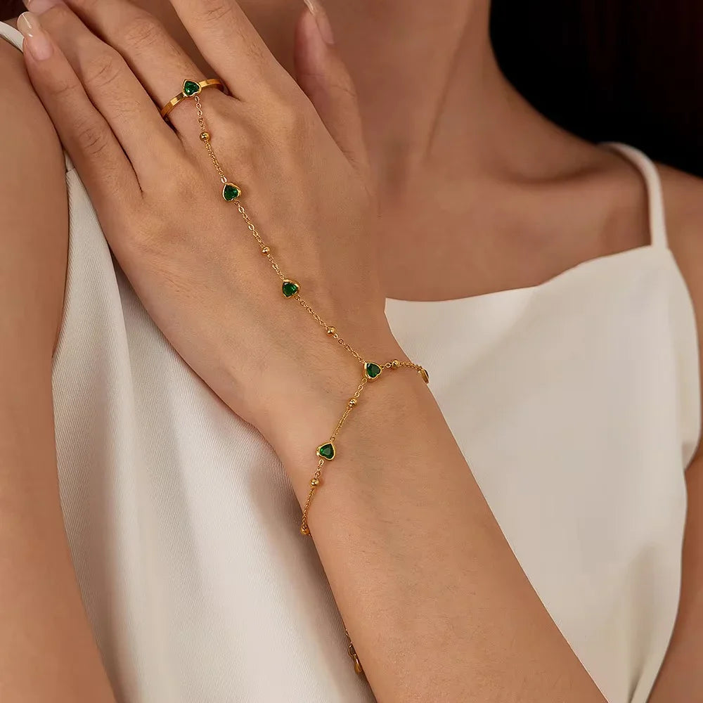 Gold-Plated Green Synthetic Stone Heart Hand Chain for Women