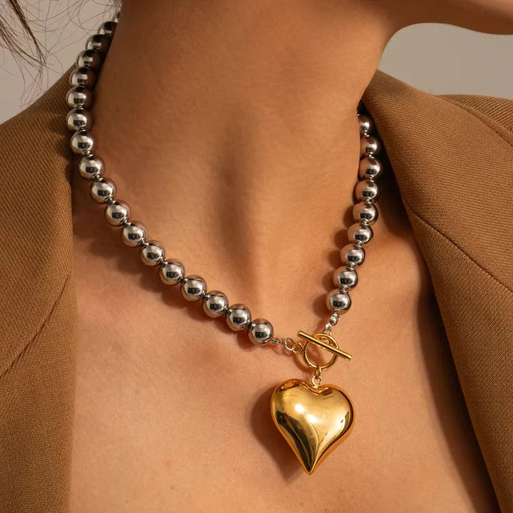 Silver-Tone Bead Heart Pendant Necklace for Women