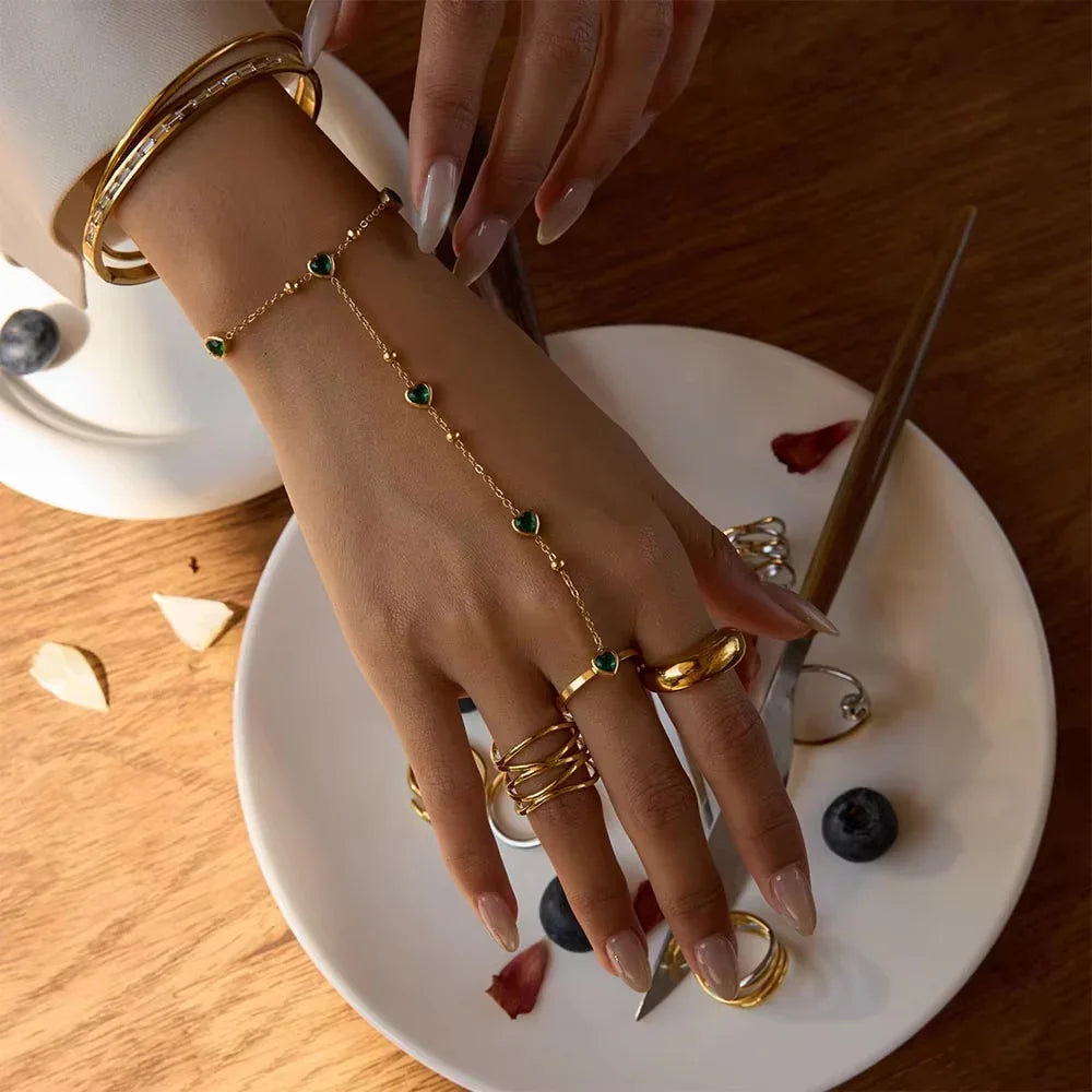Gold-Plated Green Synthetic Stone Heart Hand Chain for Women