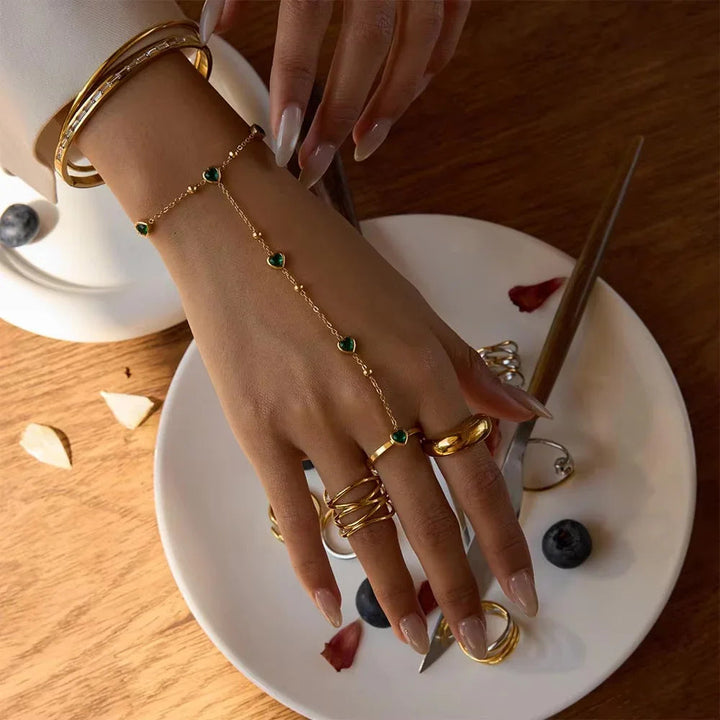Gold-Plated Green Synthetic Stone Heart Hand Chain for Women
