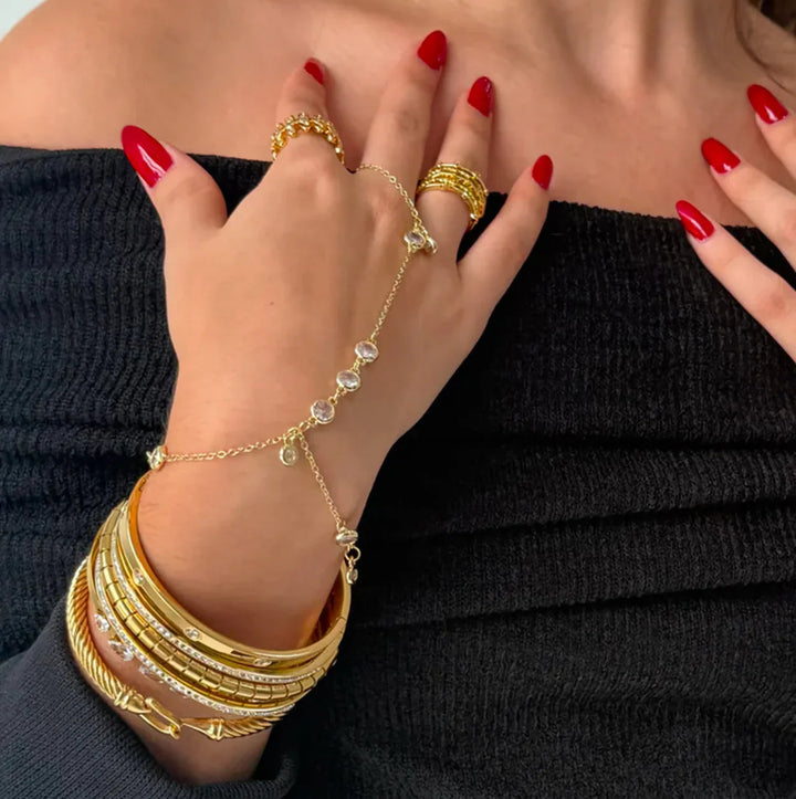 Gold-Plated Cubic Zirconia Hand Chain Bracelet for Women