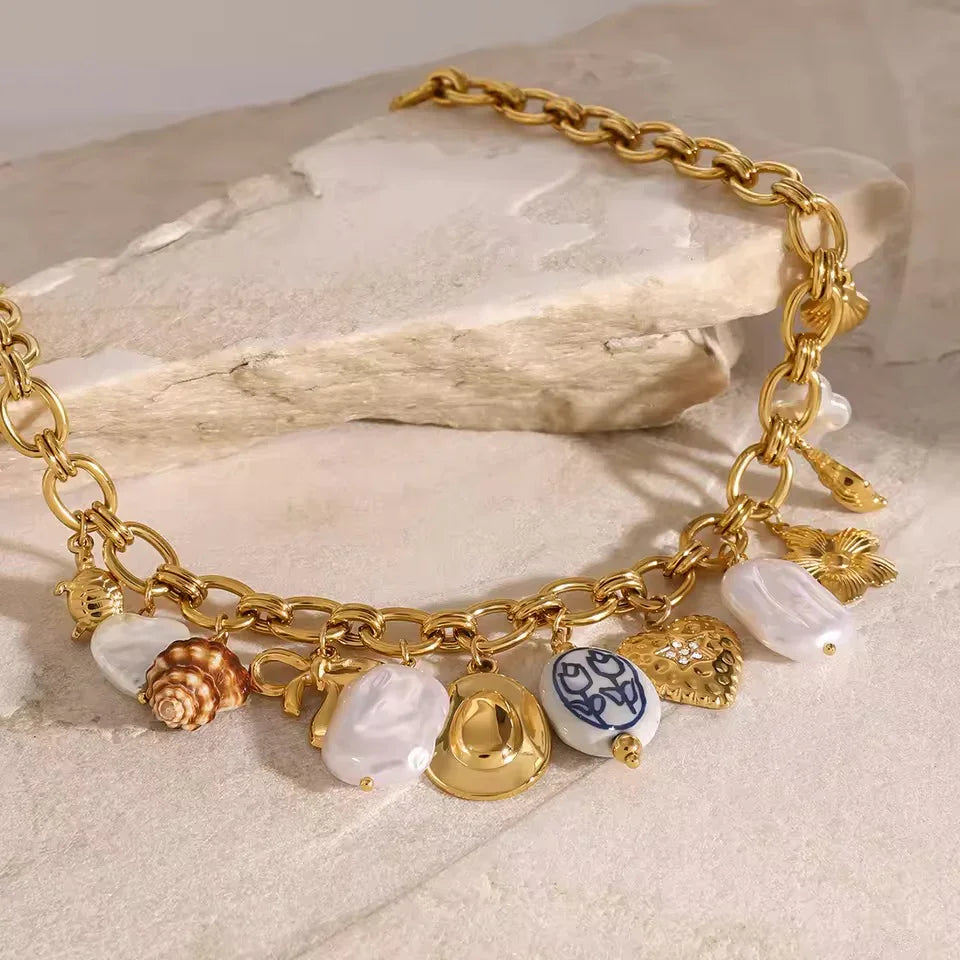 Gold-Plated Faux Pearl Charm Necklace for Women