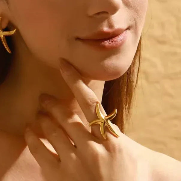 Gold-Plated Starfish Open Ring for Women