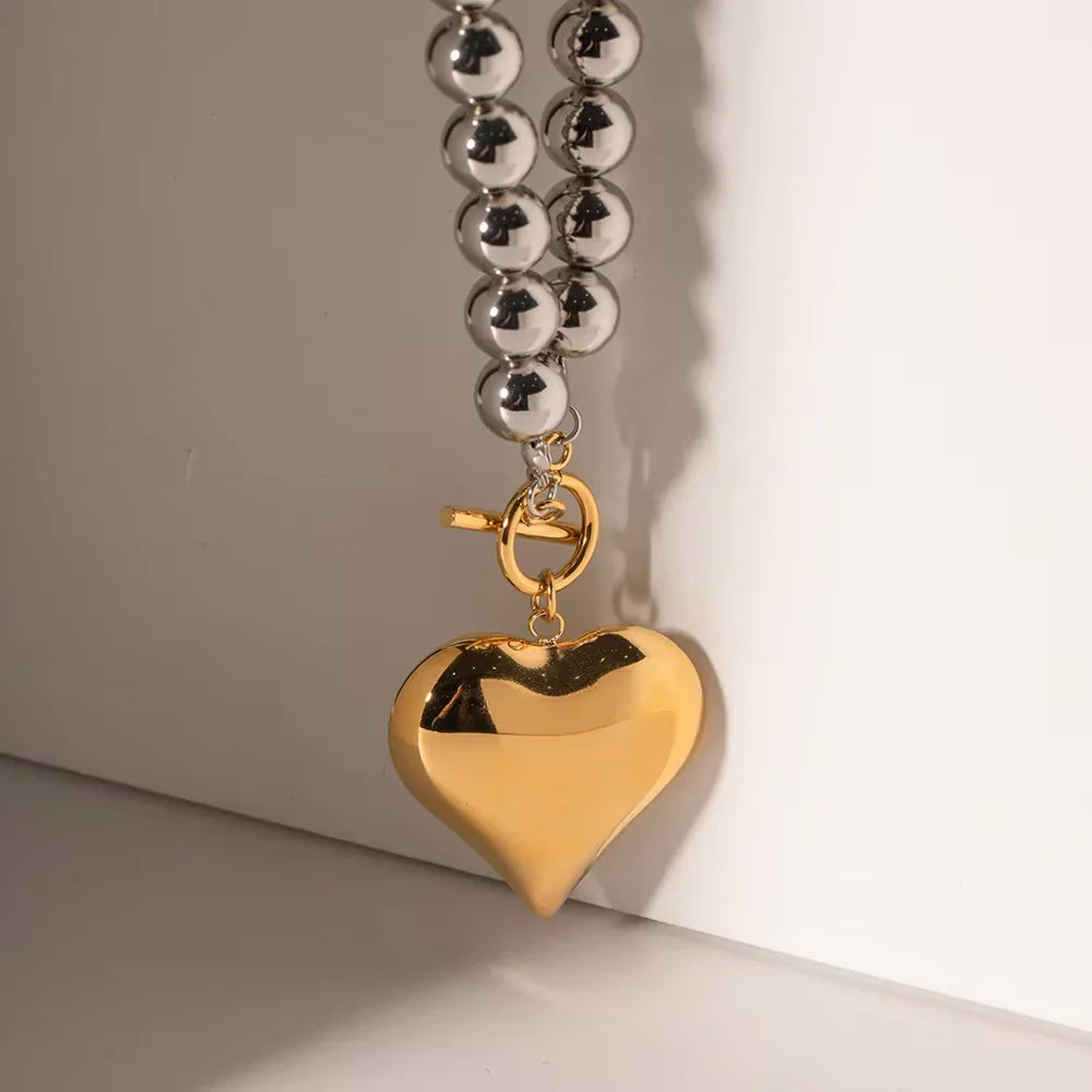Silver-Tone Bead Heart Pendant Necklace for Women