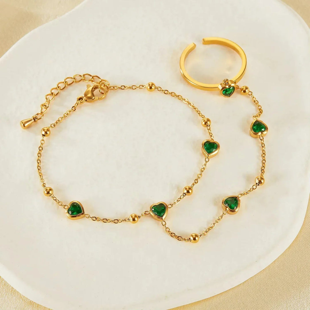 Gold-Plated Green Synthetic Stone Heart Hand Chain for Women