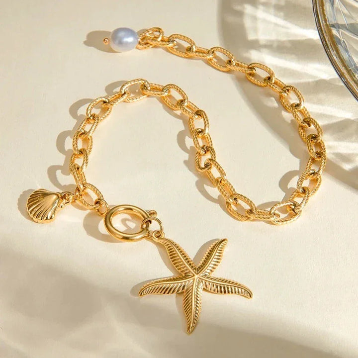 Gold-Plated Freshwater Pearl Bracelet with Starfish and Seashell Pendants