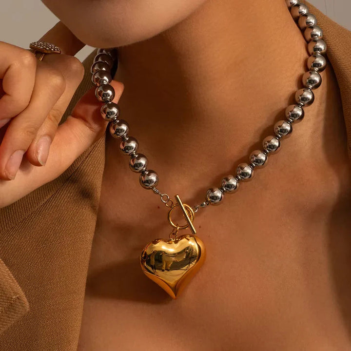 Silver-Tone Bead Heart Pendant Necklace for Women