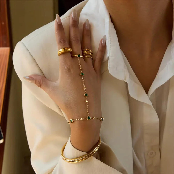 Gold-Plated Green Synthetic Stone Heart Hand Chain for Women