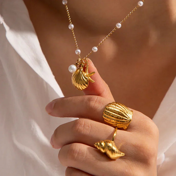 Gold-Plated Necklace with Freshwater Pearls and Seashell and Starfish Pendants