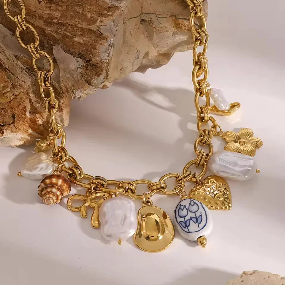 Gold-Plated Faux Pearl Charm Necklace for Women