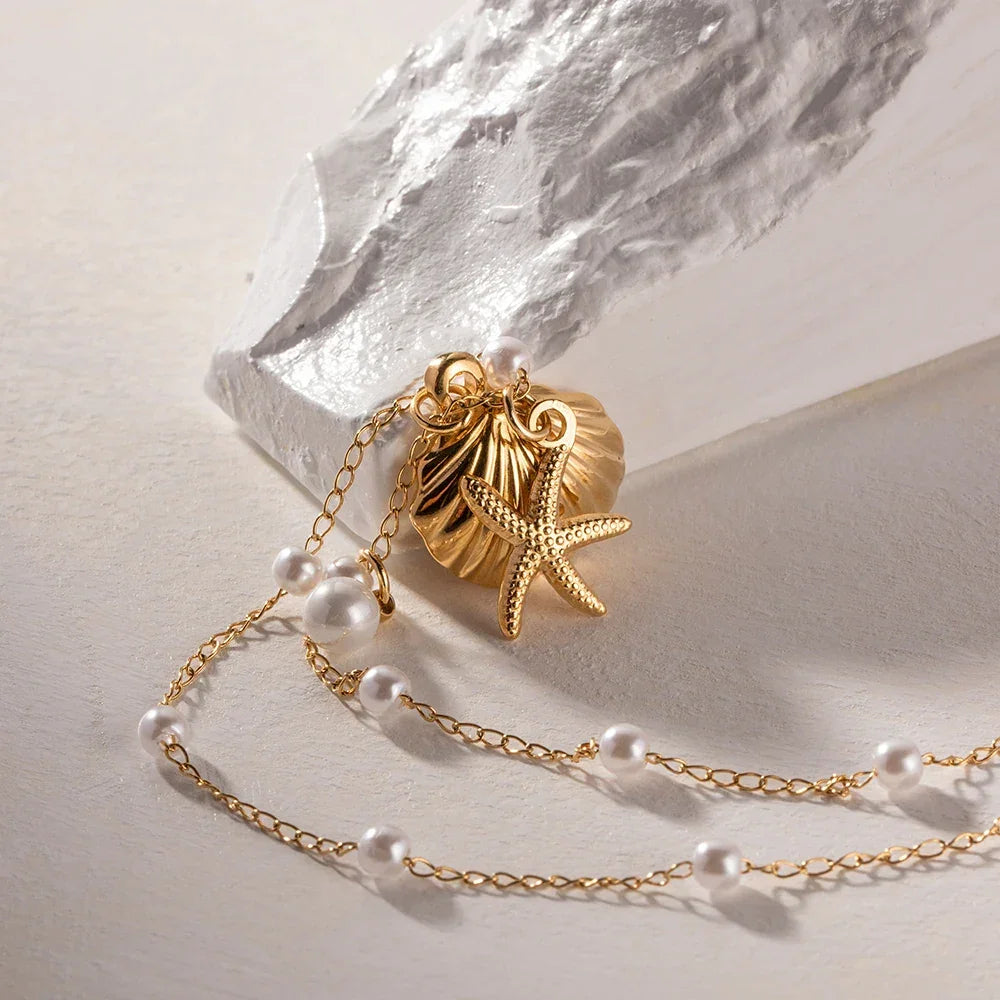 Gold-Plated Necklace with Freshwater Pearls and Seashell and Starfish Pendants