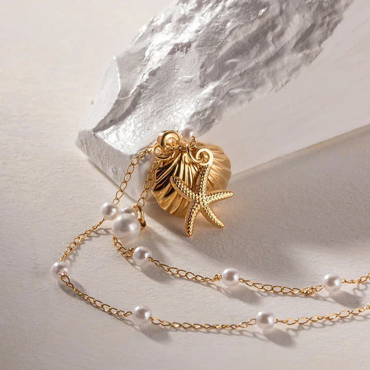 Gold-Plated Necklace with Freshwater Pearls and Seashell and Starfish Pendants